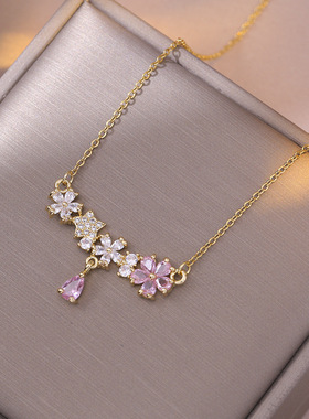 项链女日韩风跨境网红粉色花花锁骨链女小众设计颈链时尚钛钢项链