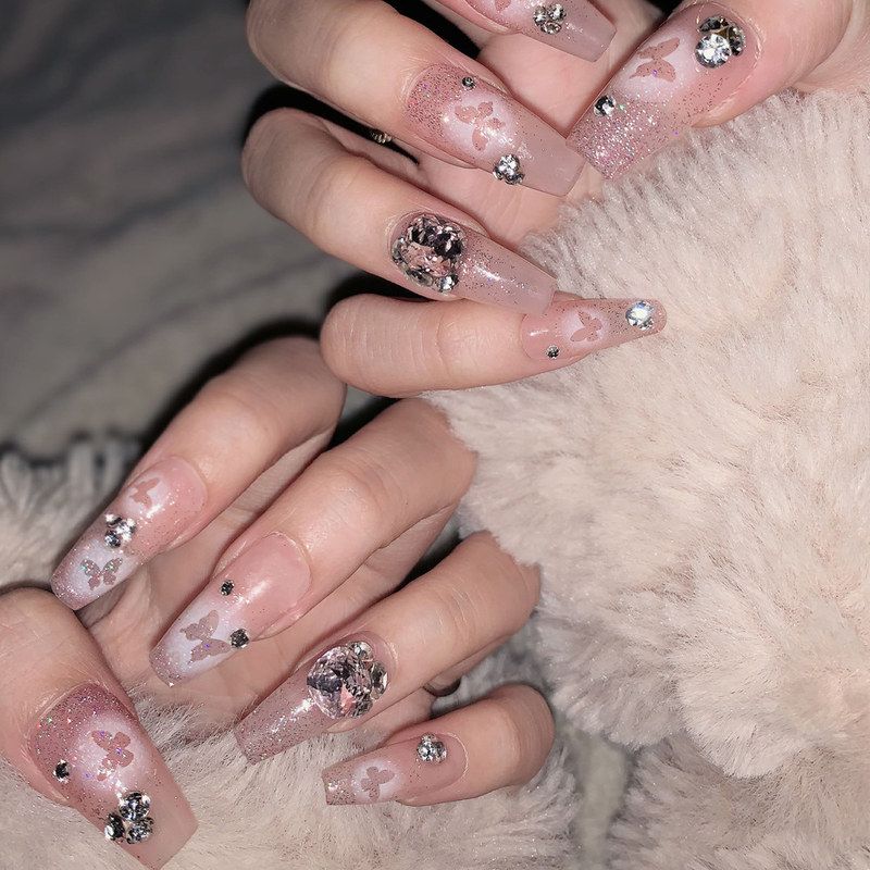 24片小红书爆款指甲贴 甜美闪粉堆钻美甲 镂空蝴蝶光疗手工穿戴甲