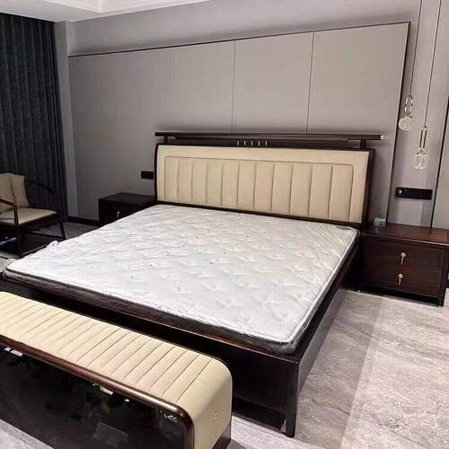 新中式实木乌金木床真皮