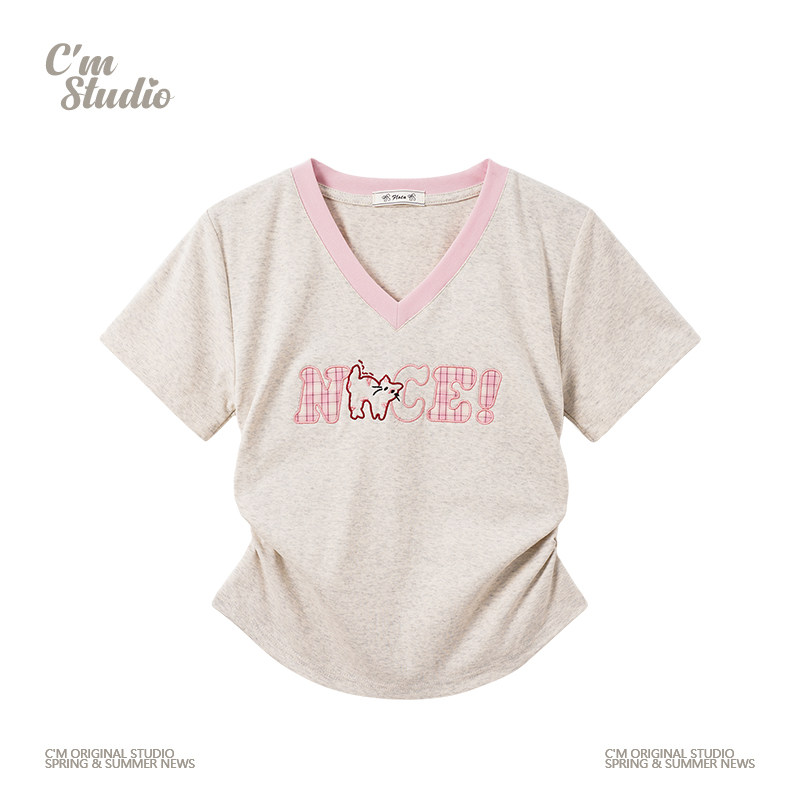 快乐兽 韩系刺绣字母粉色v领短袖t恤女正肩小个子收腰显瘦短上衣