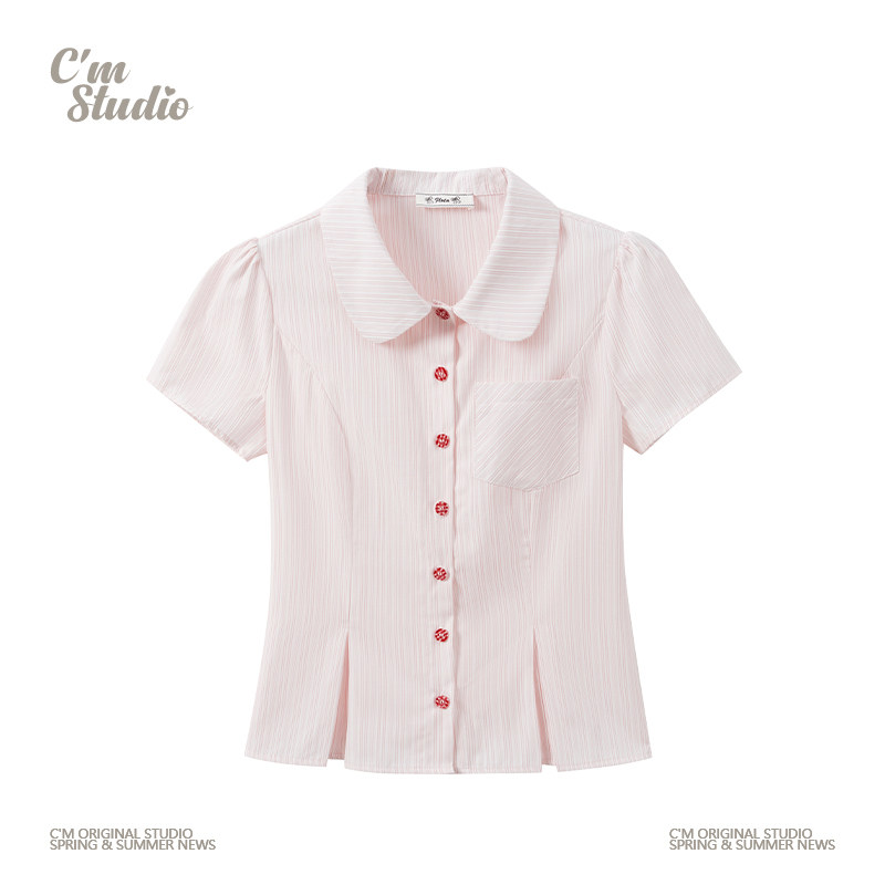 快乐兽 韩系甜美粉色条纹口袋polo领衬衫短袖女小个子修身短上衣