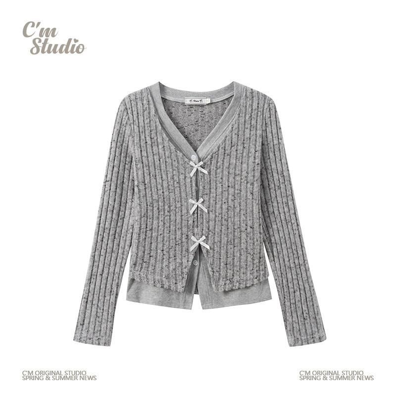 快乐兽 立体蝴蝶结假两件灰色V领针织长袖女韩系气质修身内搭上衣,女装/女士精品,毛针织衫,淘宝优惠券,粉丝福利购,淘宝优惠卷