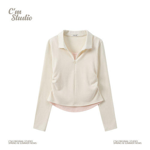 甜妹半拉链假两件翻领加绒长袖