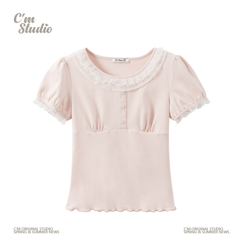 快乐兽 甜美风蕾丝花边粉色正肩短袖T恤女小个子修身泡泡袖短上衣