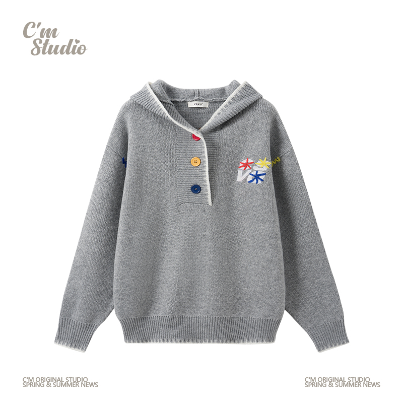 刺绣字母灰色连帽针织毛衣女宽松