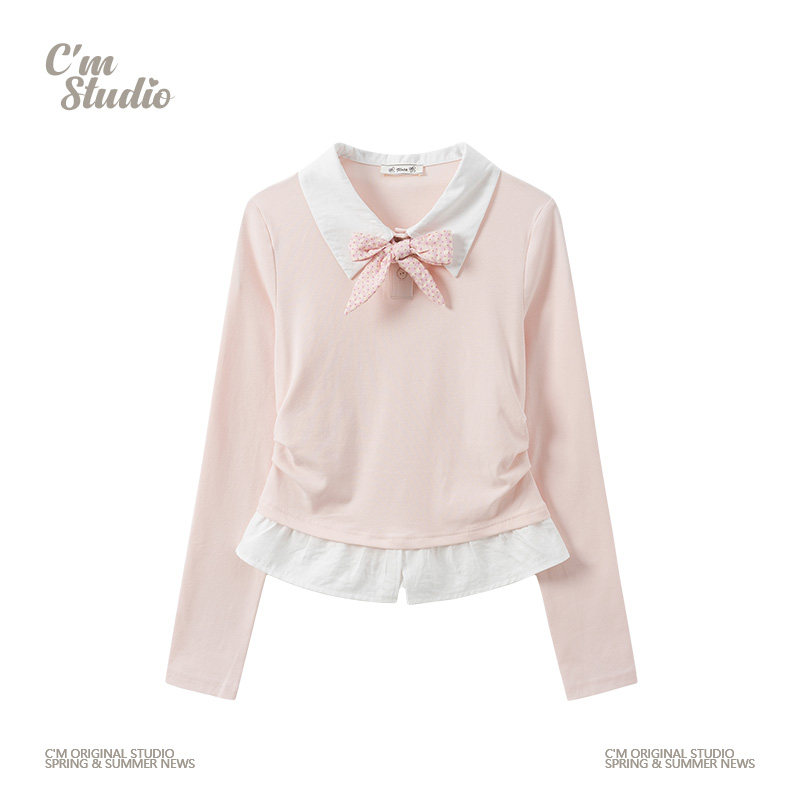 快乐兽 少女感波点蝴蝶结Polo领长袖t恤女荷叶边褶皱收腰内搭上衣,女装/女士精品,POLO衫,淘宝优惠券,粉丝福利购,淘宝优惠卷