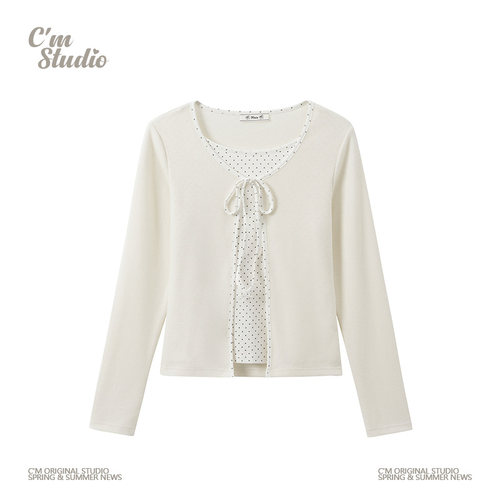 韩系波点绑带拼接假两件内搭长袖