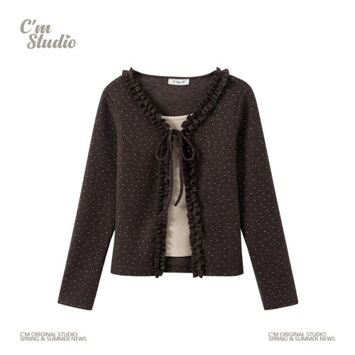 满印波点绑带假两件磨毛内搭长袖