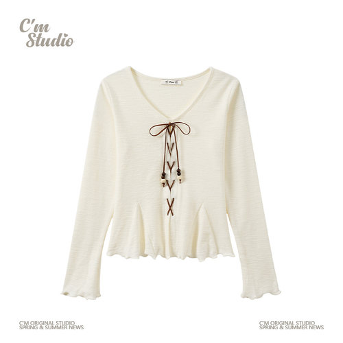 绑带蝴蝶结木耳边v领长袖t恤女