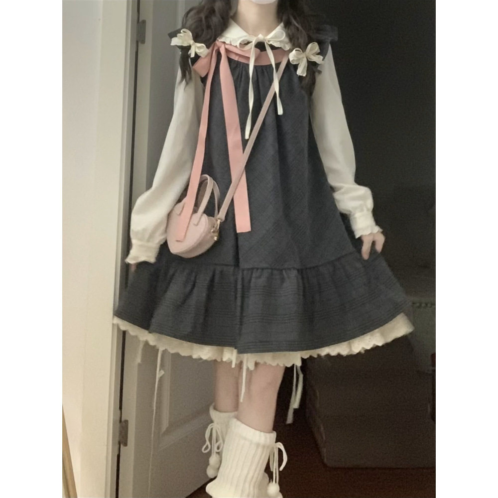 早秋两件套甜美可爱小个子飞飞袖蝴蝶结连衣裙女学生+娃娃领衬衫