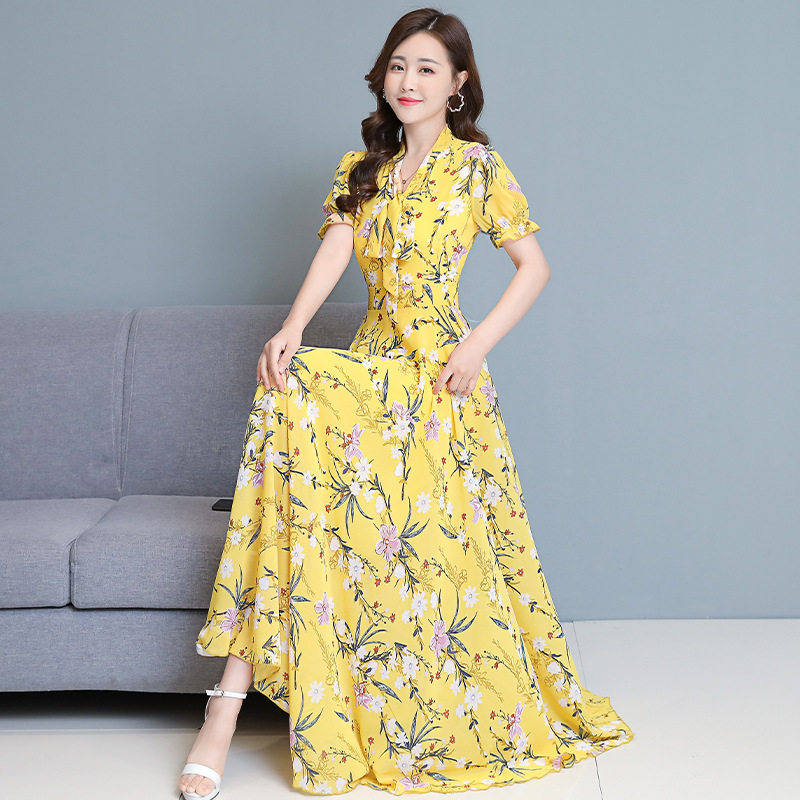 2025连衣裙夏新款收腰显瘦雪纺长款V领系带蝴蝶结大摆淑女连衣裙