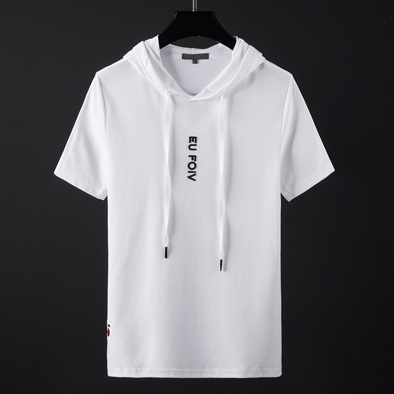 夏季冰丝薄带帽衫短袖t恤男修身半袖大码丅恤连帽卫衣ins潮牌体恤