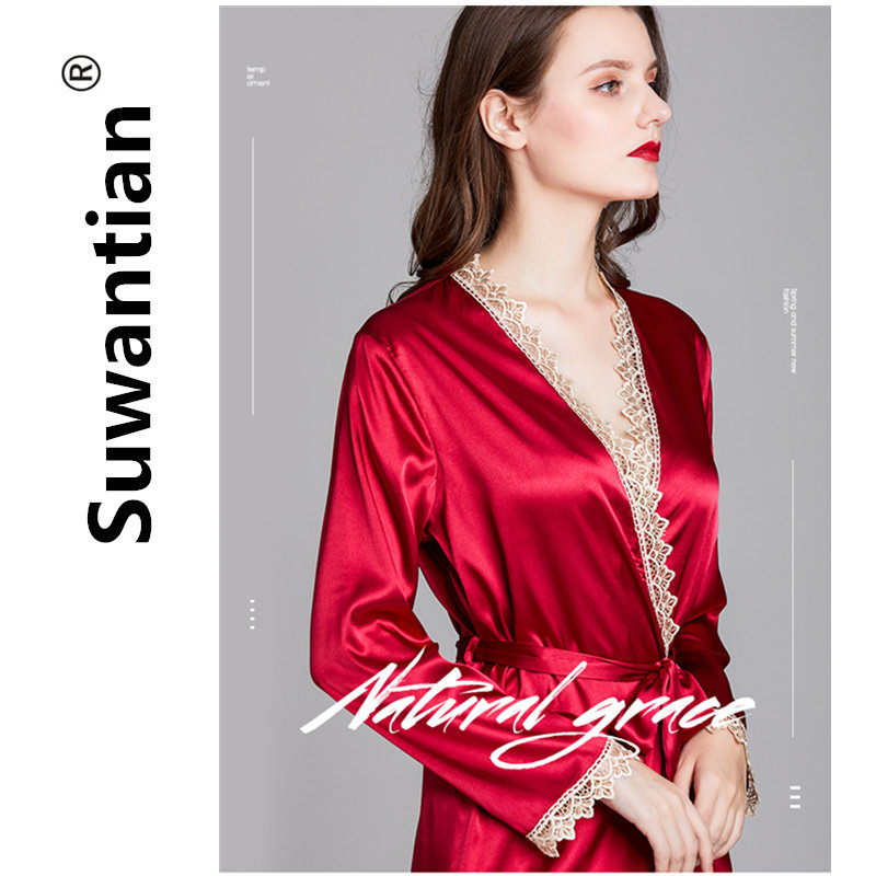 晨袍女新娘红色睡衣结婚睡袍中长款薄款冰丝开衫浴袍春秋性感浴衣