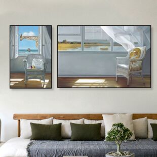 假窗户装饰画奶茶店咖啡店美容院美甲店挂画窗前窗外窗帘风景壁画