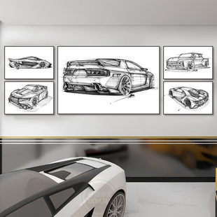 汽车手稿装饰画设计图机车跑车挂画汽修店俱乐部车行主题餐厅壁画