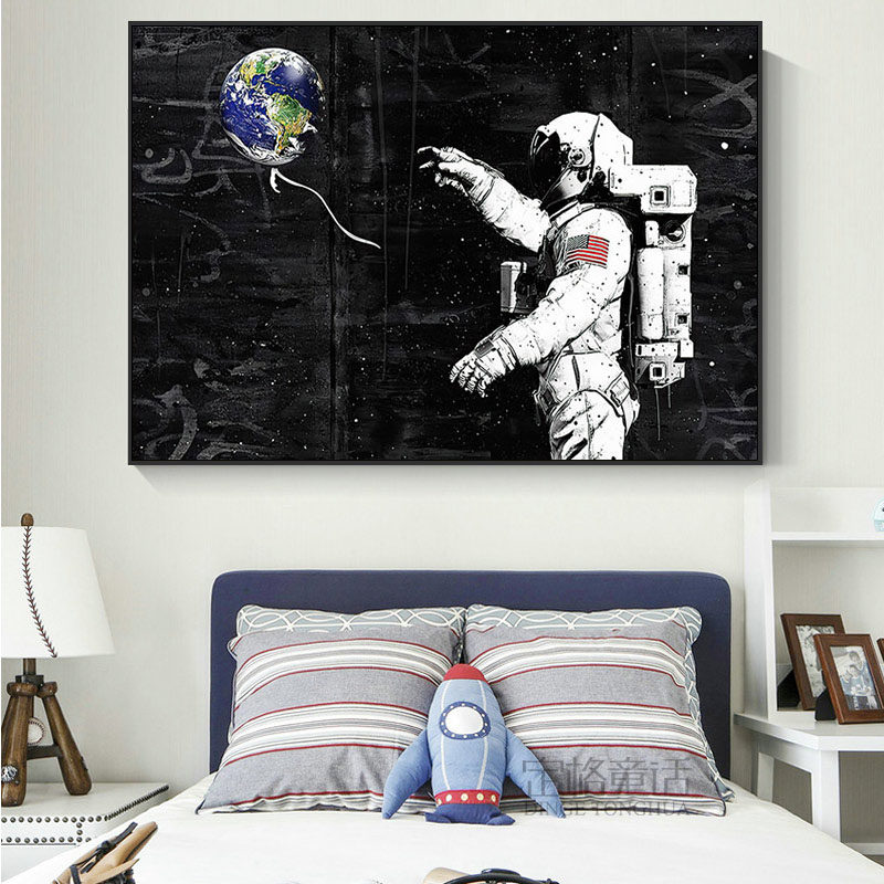 太空人装饰画宇宙飞船宇航员涂鸦儿童房挂画男孩卧室书房卡通壁画