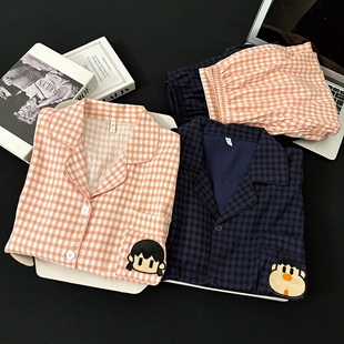 韩系情侣睡衣春秋季纯棉纱布长袖长裤男女款高级感格子家居服套装