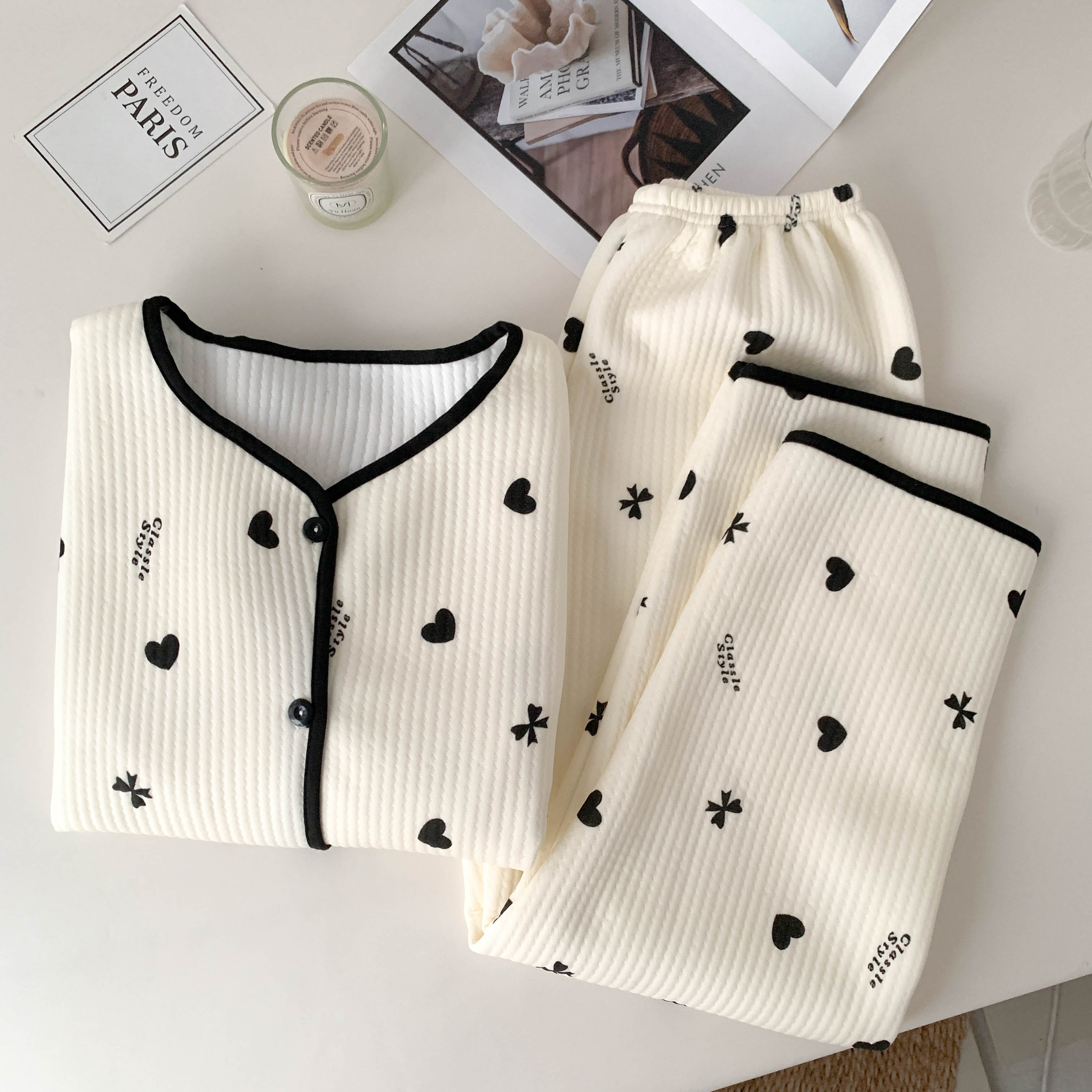 日系黑桃心空气棉睡衣女款套装秋冬季夹层加厚2025新款可爱家居服