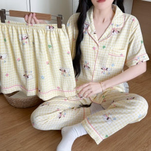 云朵纯棉纱日系睡衣女款春秋夏季短袖短裤学生卡通可爱甜美家居服