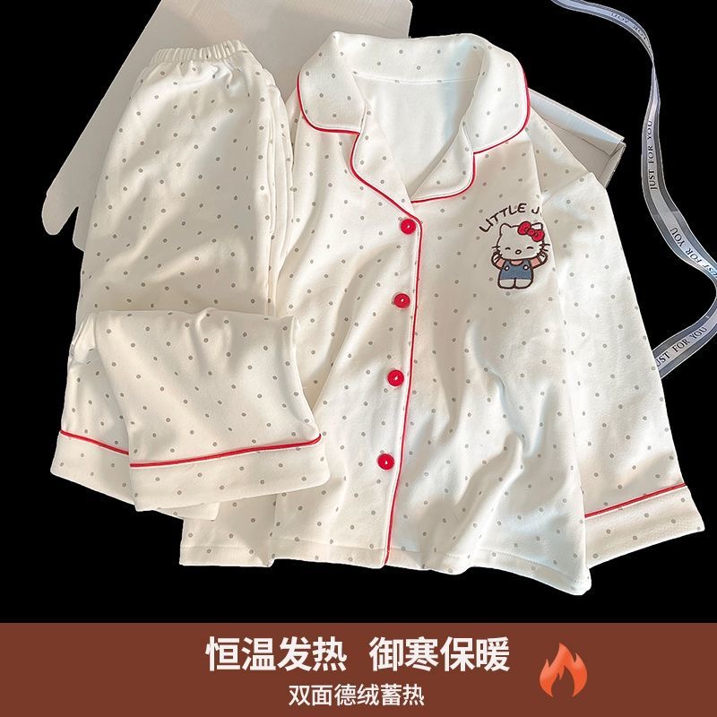 HelloKitty德绒睡衣女春秋冬季珊瑚绒加绒长袖日系可爱加厚家居服