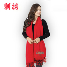 大红色围巾 刺绣logo仿羊绒围巾