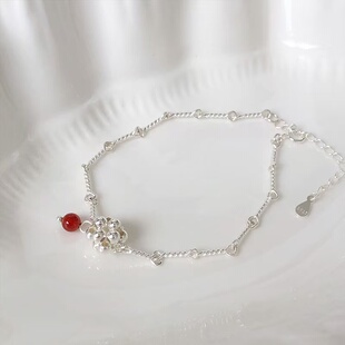 眼观S925银编织款银球手链竹节链红玛瑙吊坠小众风时尚百搭时髦款
