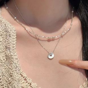眼观S925银法式浪漫空心圆币空圆盘项链低调奢华叠戴锁骨链小众款