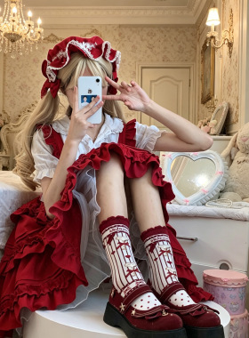 洛丽塔中筒袜女日系少女风红色提花蕾丝花边堆堆袜jk制服配饰长袜