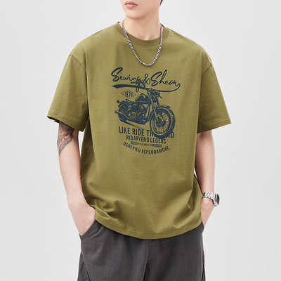 重磅全棉摩托车印花宽松短袖T恤