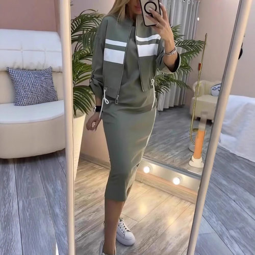 Fashion Sports Dress Women's Set Striped Printed Jacket 女裙