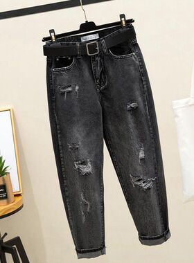 Jeans Denim Distressed Patchwork Ripped Pants烟灰色破洞