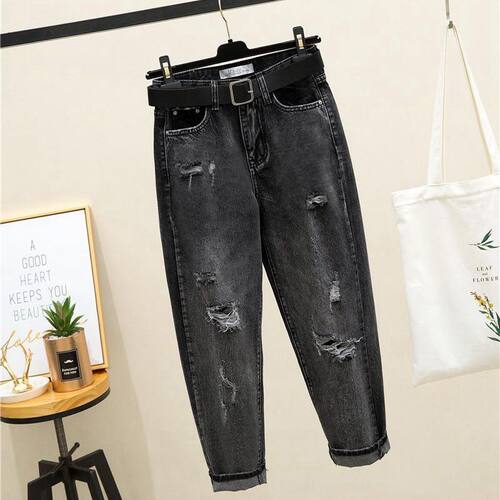Jeans Denim Distressed Patchwork Ripped Pants烟灰色破洞