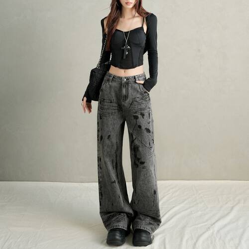 Loose Jeans Wide Leg Denim Pants Straight Trousers美式复古做