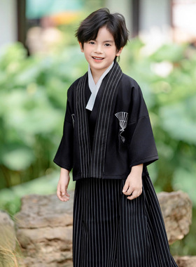 Boy's kimono秋季新款儿童黑色日式和服套装男孩上衣裤子可爱演出