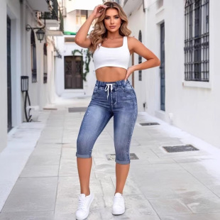 women elastic waist denim jeans ripped capri pants女七分仔裤