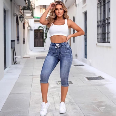 women elastic waist denim jeans ripped capri pants女七分仔裤