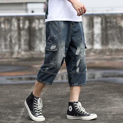 jeans denim distressed patchwork ripped pants破洞牛仔短裤男