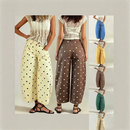 Retro Polka Dot Barrel Cropped Jeans Women Baggy Denim Pants