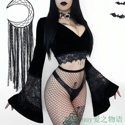 Women Tops Black Sexy长袖打底衫夏季性感透视露脐恤蕾丝拼接喇