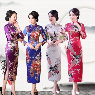 Chinese qipao dress cheongsam旗袍长款大码时尚短袖旗袍裙走秀
