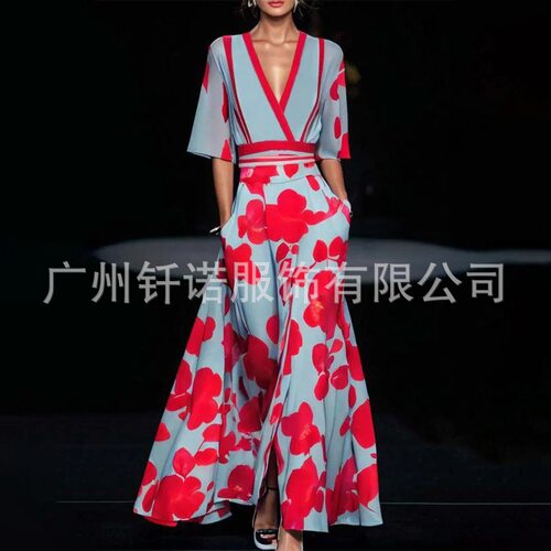 summer dress欧美女装新款印花缩褶腰带气质通勤连衣裙women