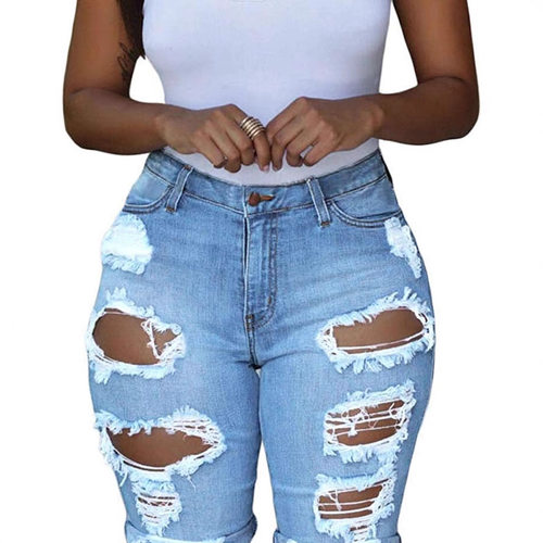 ripped jeans distressed denim pants货源欧美风格时尚高腰破洞