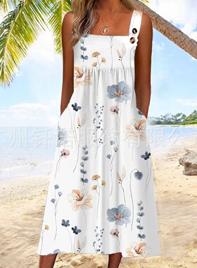 新品欧美新款白色满身花卉吊带中长连衣裙summer dress women