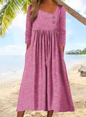 summer dress2026新款欧美休闲宽松条纹印花斜v领长袖连衣裙women