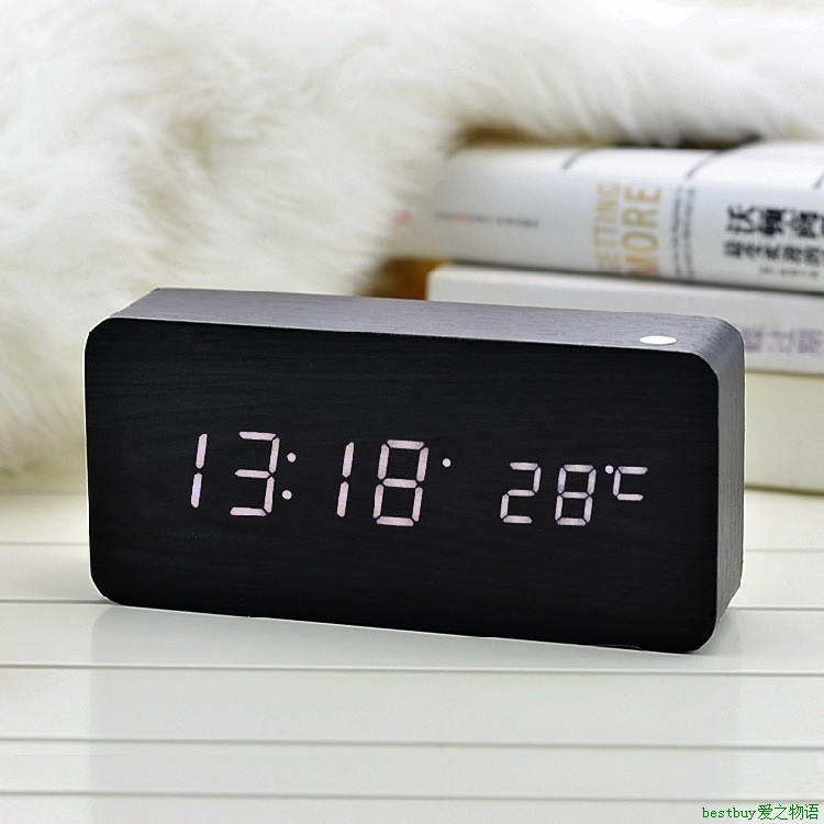 Clock Digital Alarm创意声控led环保木头钟 复古木质电子数字时