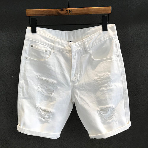 ripped jeans distressed denim pants高街潮牌白色破洞牛仔短裤