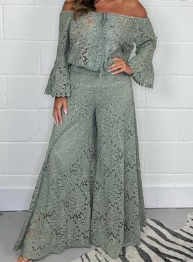 fashion lady offshoulder tops womens pants套装蕾丝上衣两件套