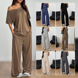 斜领阔腿裤女套装Women's Casual Tshirt+2-piece Long Pants Set