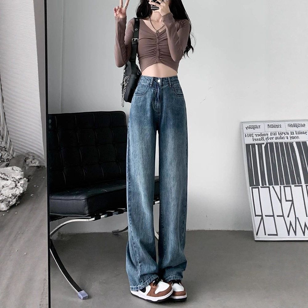 Women's Narrow Cut Wide Leg Jeans Hanging Baggy Slim Pants女