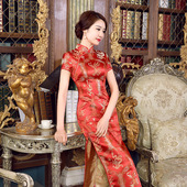 Chinese 织锦缎旗袍开叉旗袍表演 Cheongsam旗袍长款 Qipao Dress
